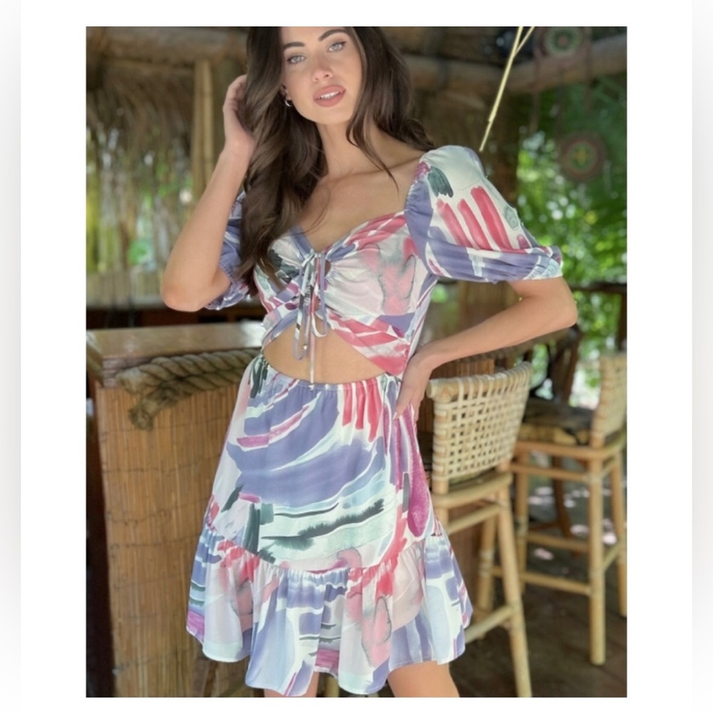 Ambition Cut-out Watercolor Puff Sleeve Mini Dress